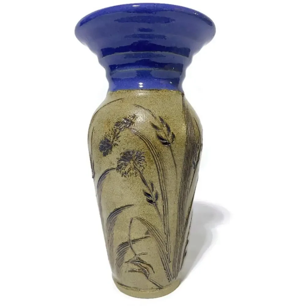 Tom Briney Signed Art Pottery Vase Floral Brown Blue 8.5